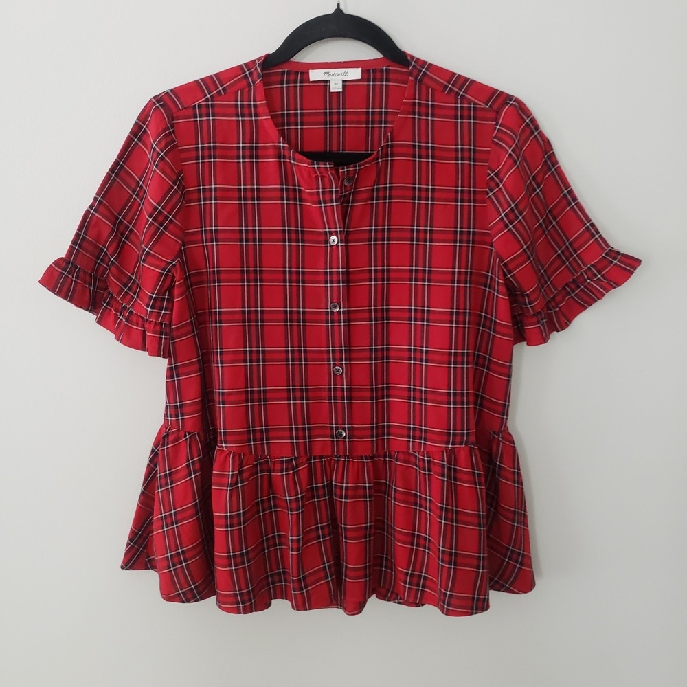 Madewell Womens Plaid Preppy Top EXTRA SMALL Academia Cottagecore Ruffle Peplum